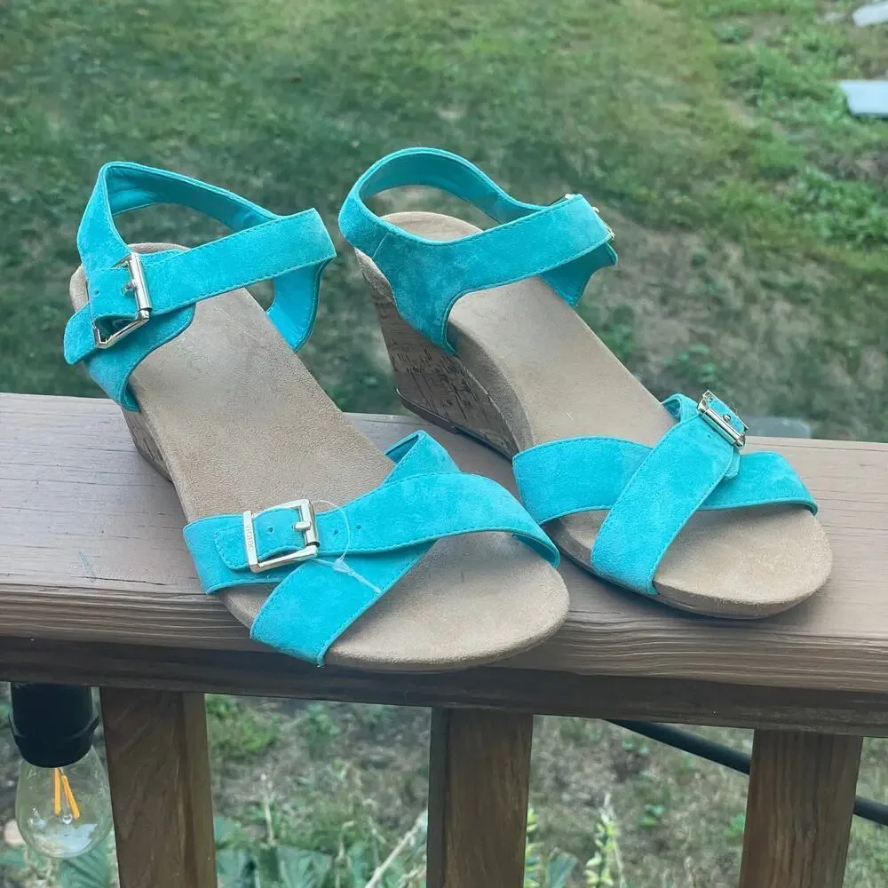 VIONIC Anka Teal Suede Leather Sandal Cork Wedges Size 7